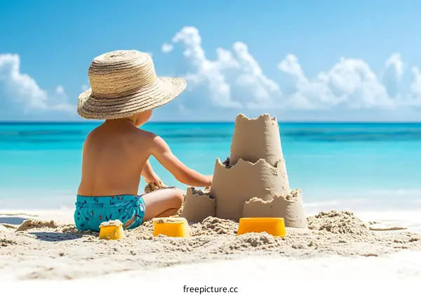 Little Boy Building Sandcastle On Beach