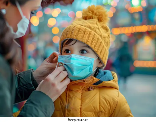 Mother putting a mask on her child during the COVID-19 pandemic