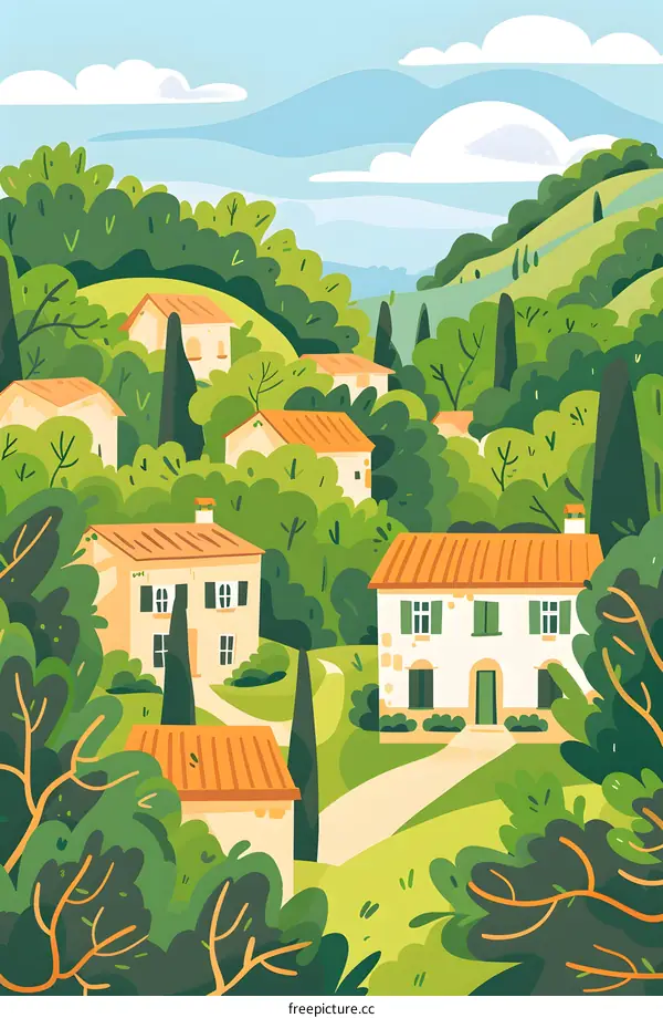 Illustration of a Small Village in the Hills