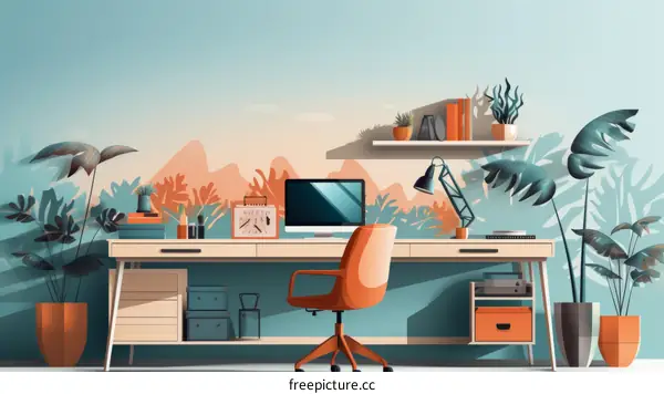 Home office setup with a large desk, computer, and plants