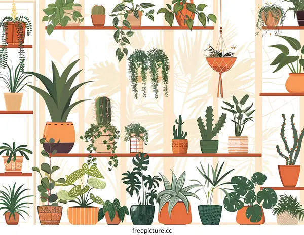 Collection of Green Plants in Pots on Shelves