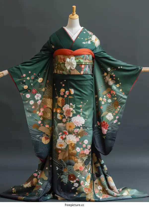 A woman wearing a green kimono with floral patterns.