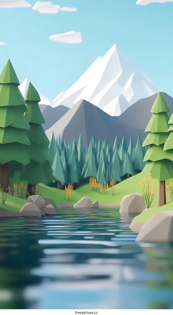 Low Poly Mountain Landscape With River and Trees
