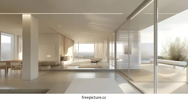 Modern Minimalist Interior Design with Open Floor Plan and Large Windows