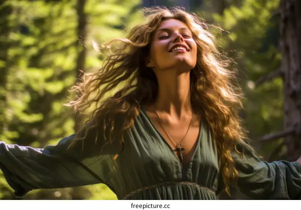 A woman with long blond hair is standing in a forest with her arms outstretched.