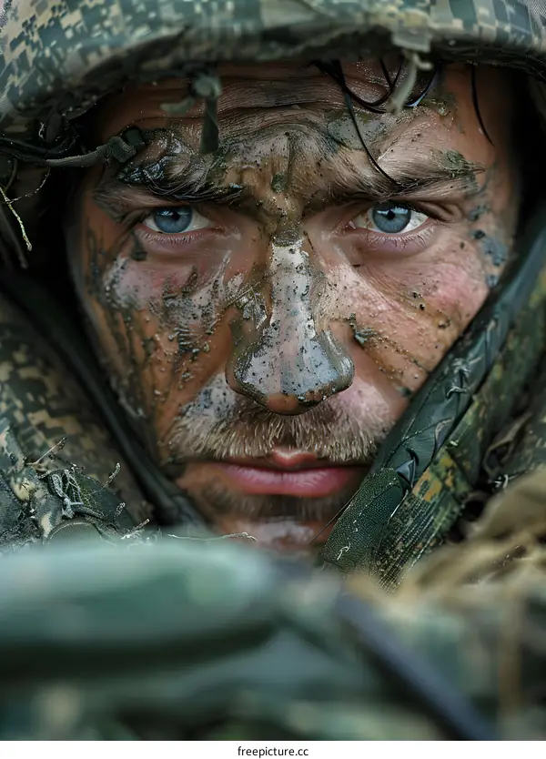 Portrait of a soldier with blue eyes and a mustache, wearing a camouflage uniform and a helmet, with mud on his face