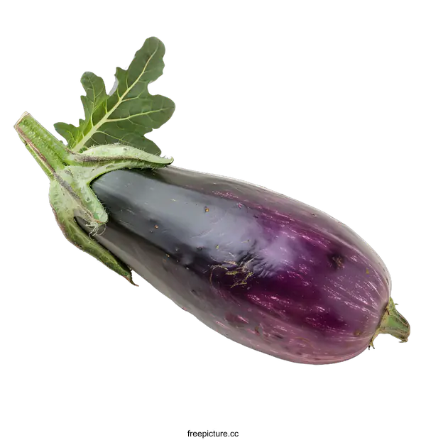 [Transparent Background PNG]Fresh Purple Eggplant with Green Leaves Isolated on White Background