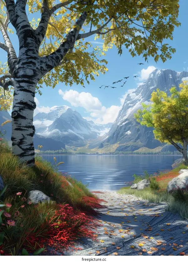 Colorful Path Leading to a Mountain Lake