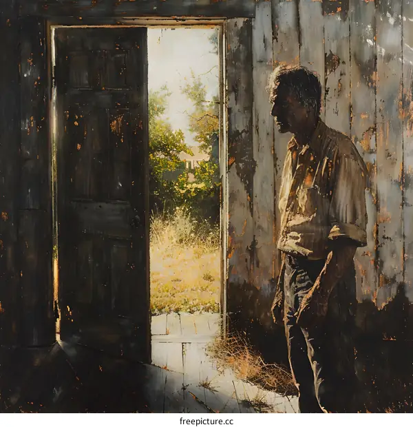 An old man standing in a doorway looking out at a bright sunlit field