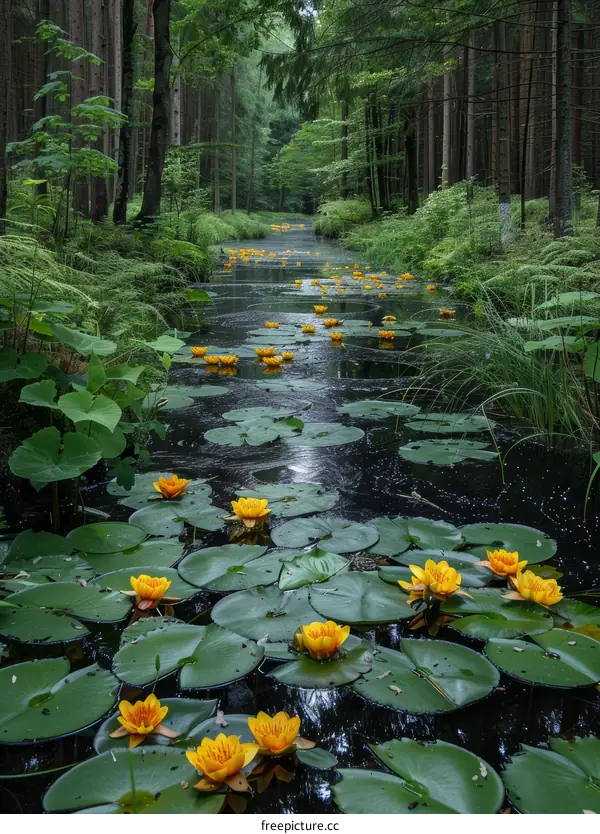 Mystical river in the middle of the forest with yellow water lilies