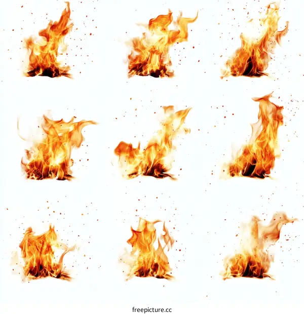Various Fire Flames Isolated on White Background