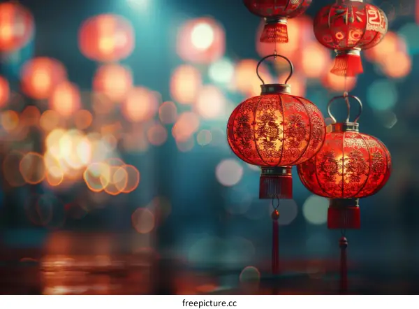 Red Paper Lanterns with Intricate Patterns Hanging High in a Blurred Background with Bokeh Lights