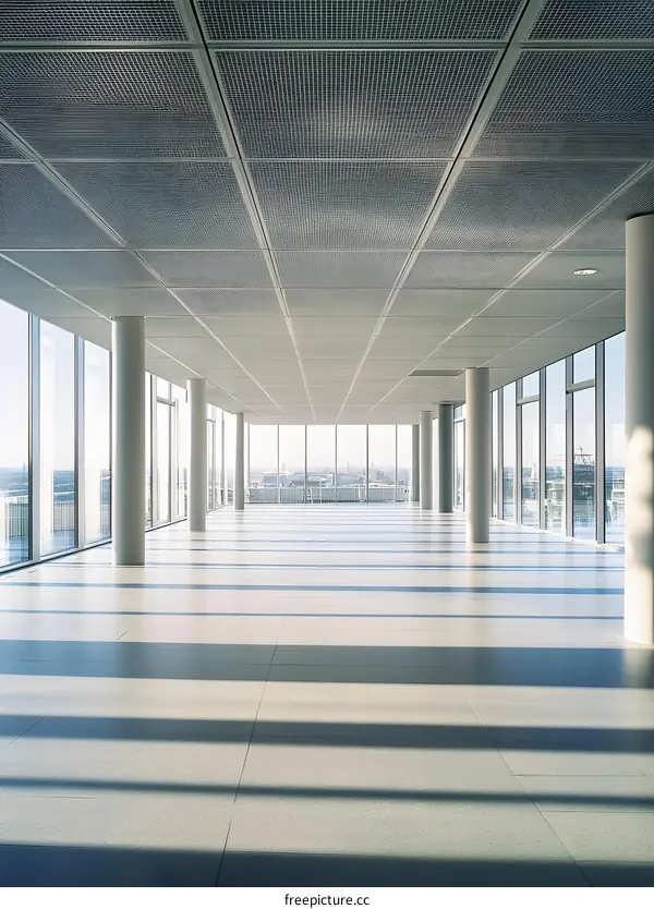 Modern Office Space with Large Windows and Grid Ceiling