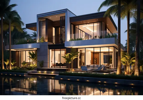 Modern Luxury Villa with Pool and Palm Trees