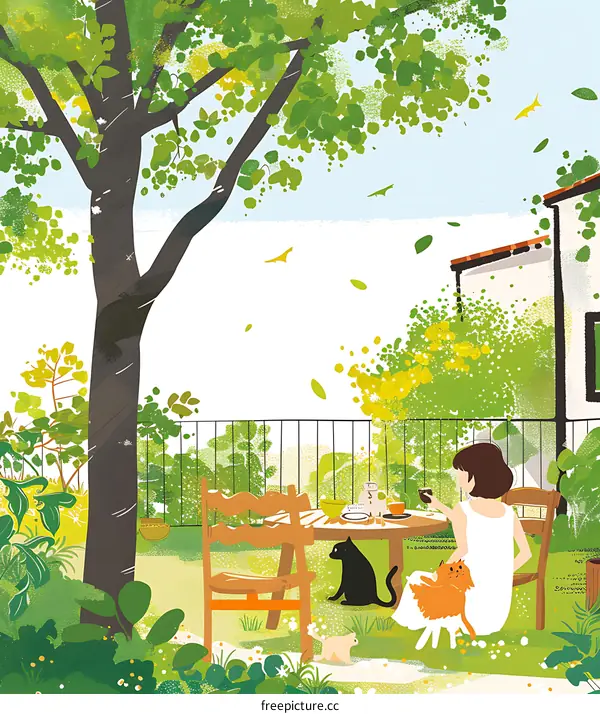 Woman Sitting In Garden With Cats