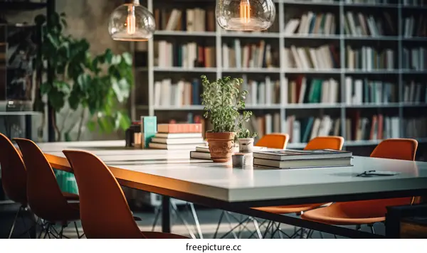A conference room with a large table, chairs, and bookshelves
