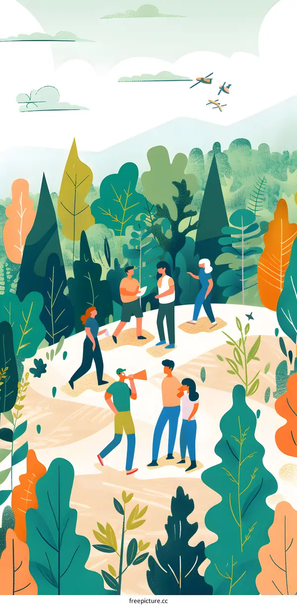 People Walking Through The Forest Illustration