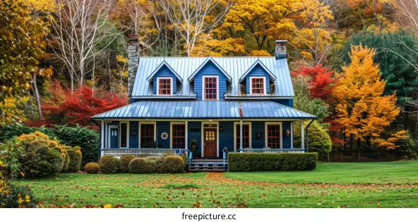 Blue Cabin in Autumn Forest
