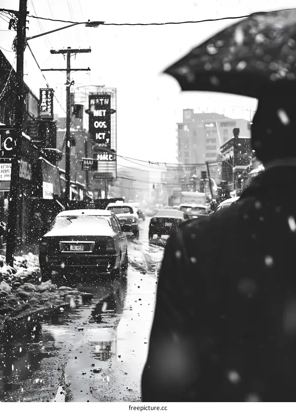 Walking In Snowy City Street With Umbrella