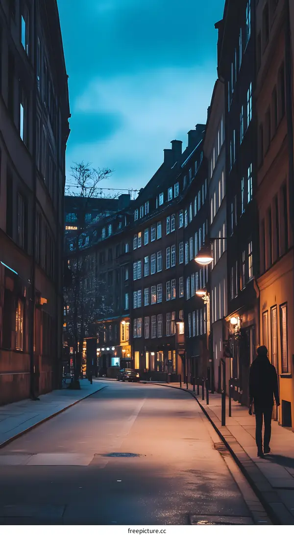 Empty Street in the Night With One Person Walking