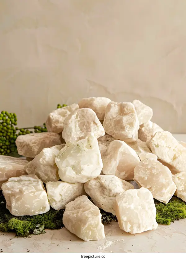 White Crystal Stones on Moss with Beige Background