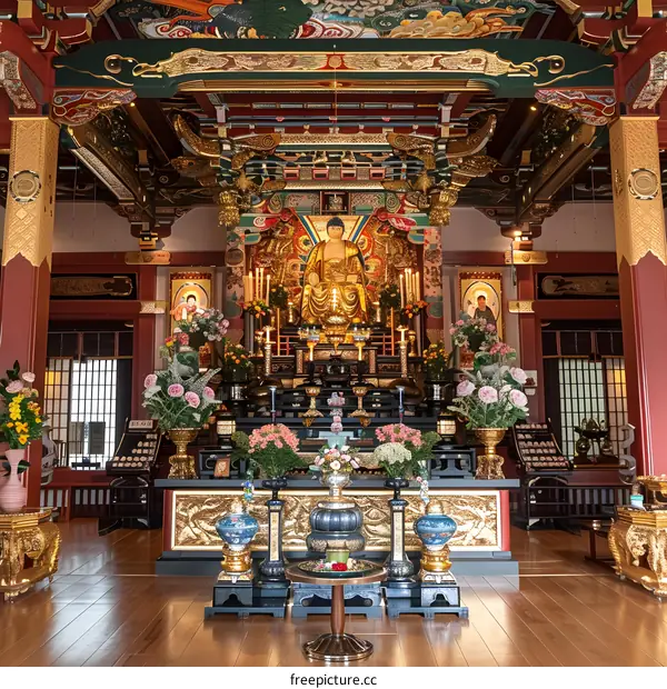 ornate buddhist temple with a golden buddha statue