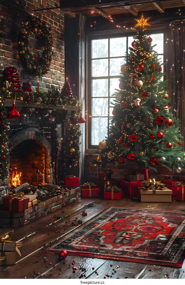 Christmas tree by the fireplace