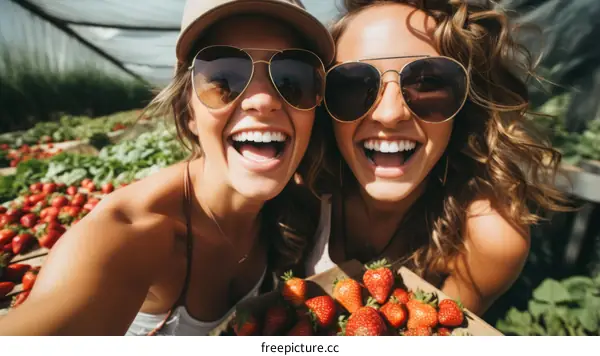 Two happy young women harvesting strawberries in a greenhouse