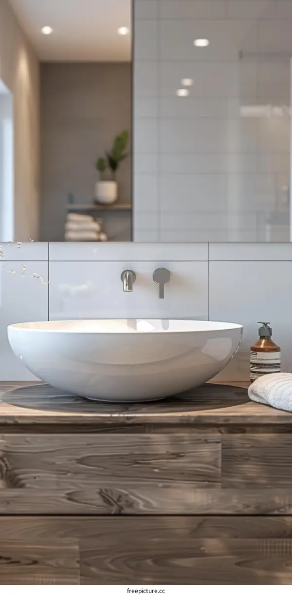 Modern Bathroom Sink and Vanity with Wooden Countertop