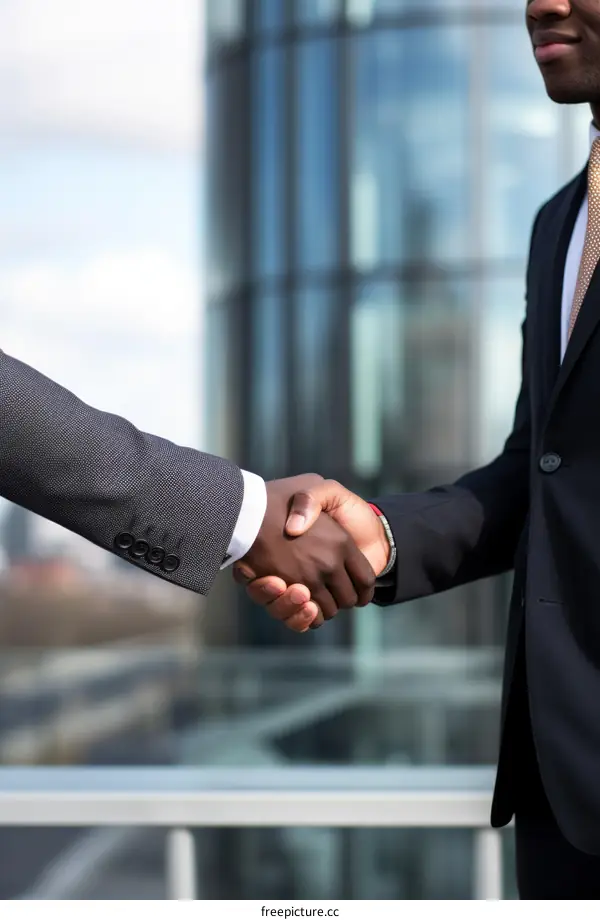 Businessmen of African descent shaking hands outdoors
