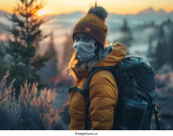 Young woman wearing a mask hiking in the mountains at sunrise
