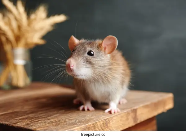 Cute Rat on Wooden Table with Wheat Ears