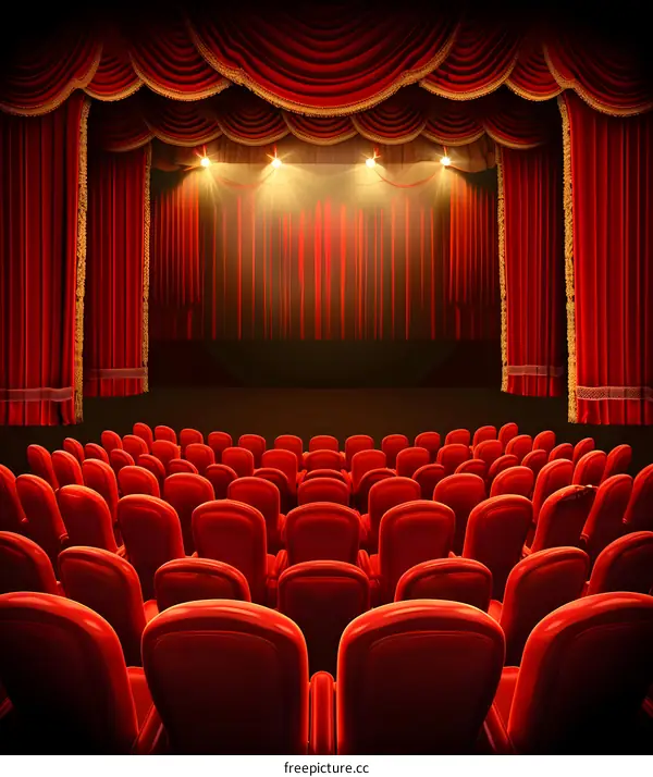 Empty Theater Stage with Red Curtains and Seats