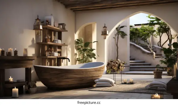 Wooden Bathtub in Bathroom with Natural Elements