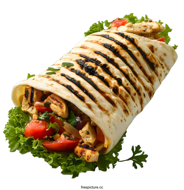 [Transparent Background PNG]Grilled Chicken Burrito with Lettuce, Tomato and Onion