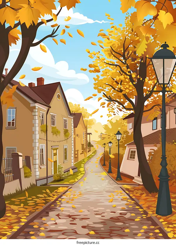 Autumn Landscape with Cobblestone Street and Trees