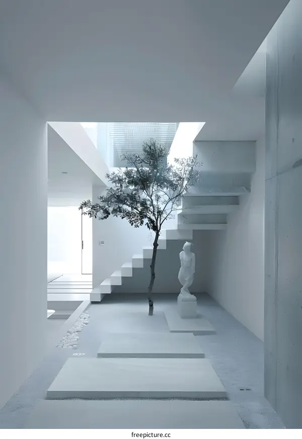 Minimalist Modern Interior Design with a Small Tree and White Stone