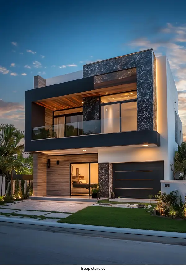 Modern Two Story House with a Balcony and a Garage