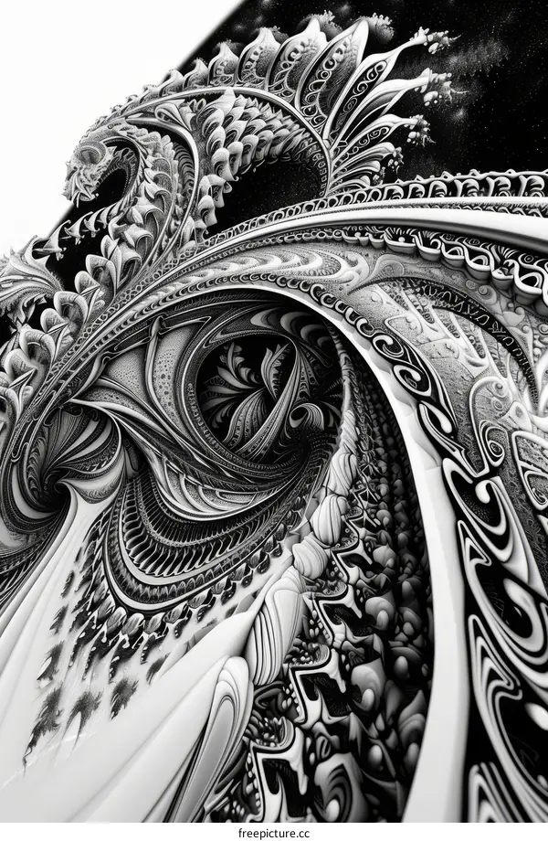 Black and white image of a highly detailed alien landscape