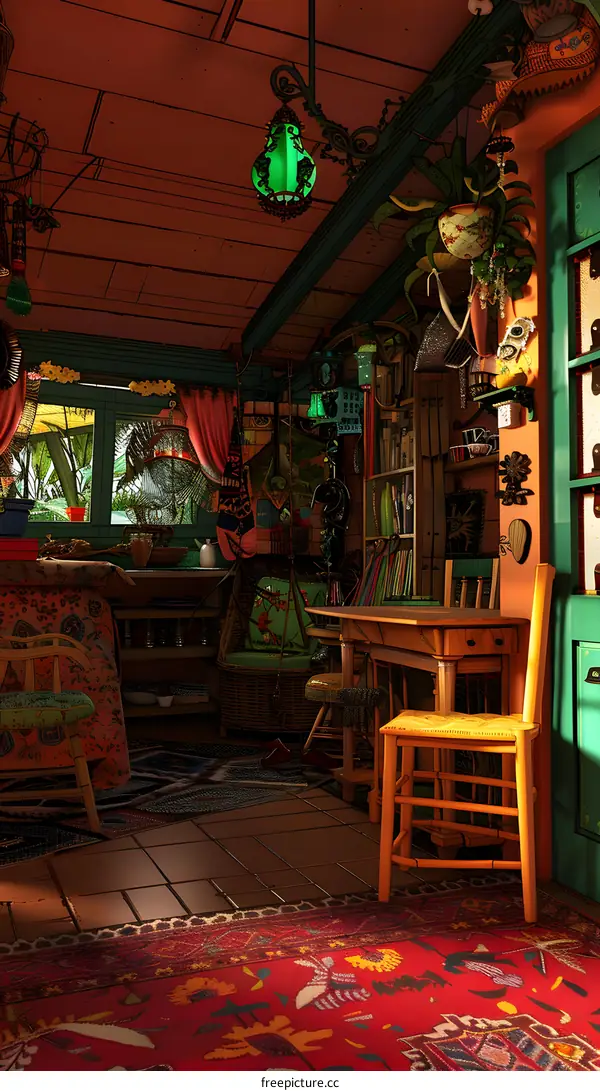 The Interior of a Cozy Cottage with a Green Hanging Lamp