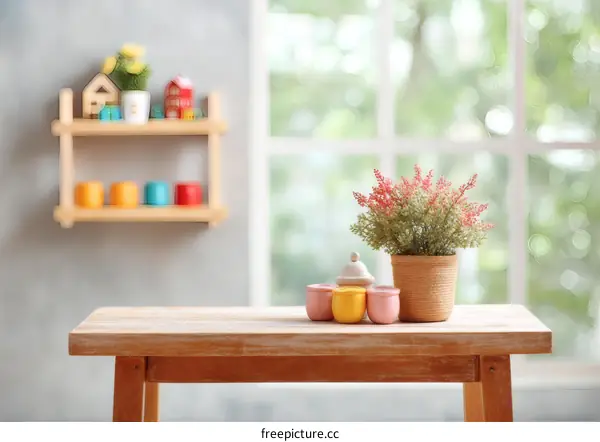 Wooden Table with Decor and Plants in a Room