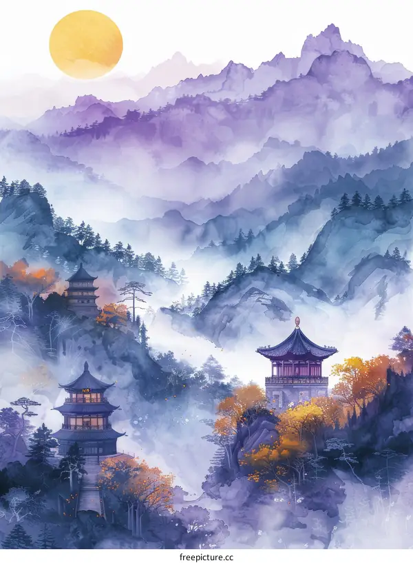 Misty Mountain Landscape with Traditional Chinese Buildings