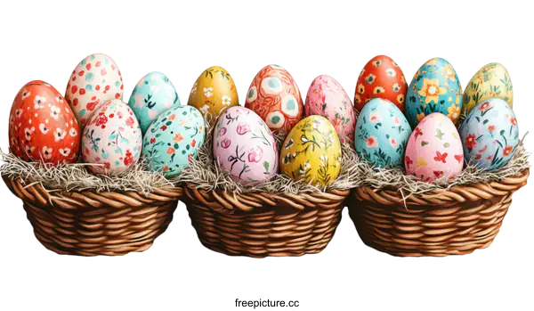 [Transparent Background PNG]Colorful Easter Eggs in Wicker Baskets