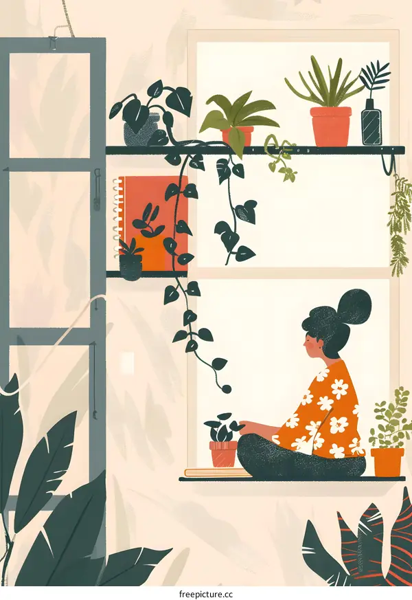 Woman Sitting by Window with Plants