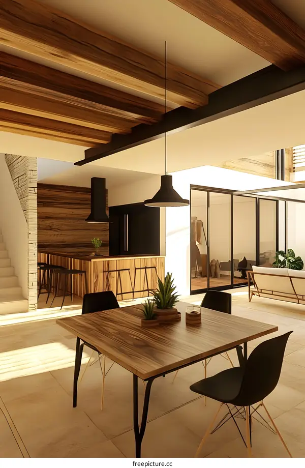 Modern Interior Design With Wooden Beams and Natural Light
