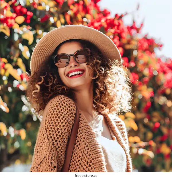 Smiling Woman Wearing Sunglasses and a Hat in Front of Flowers