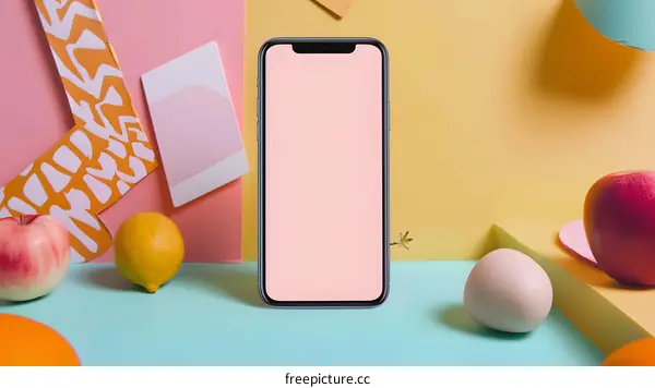 Minimalist Still Life with Smartphone and Fruit on Pastel Background