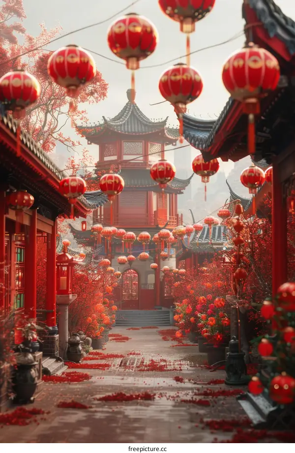 Traditional Chinese Buildings Street Scene with Red Lantern Decorations