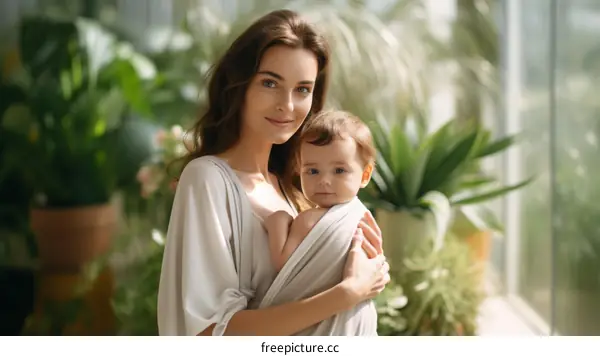 A young mother is holding her baby in a sling