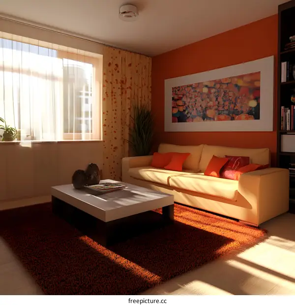 Modern Living Room Interior Design With Orange Wall